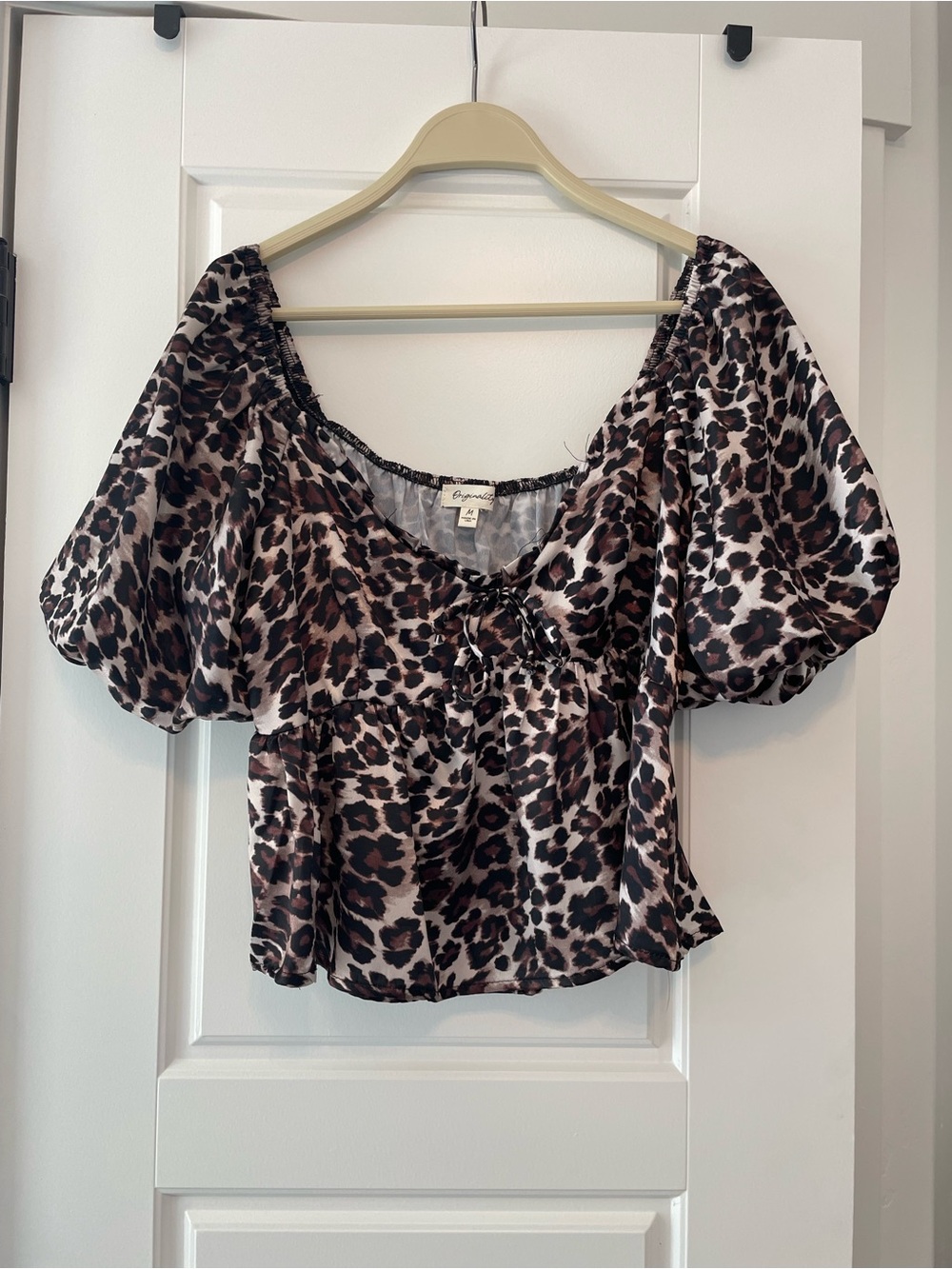 Leopard Tie-Front Puff Sleeve Blouse - Brown/Black